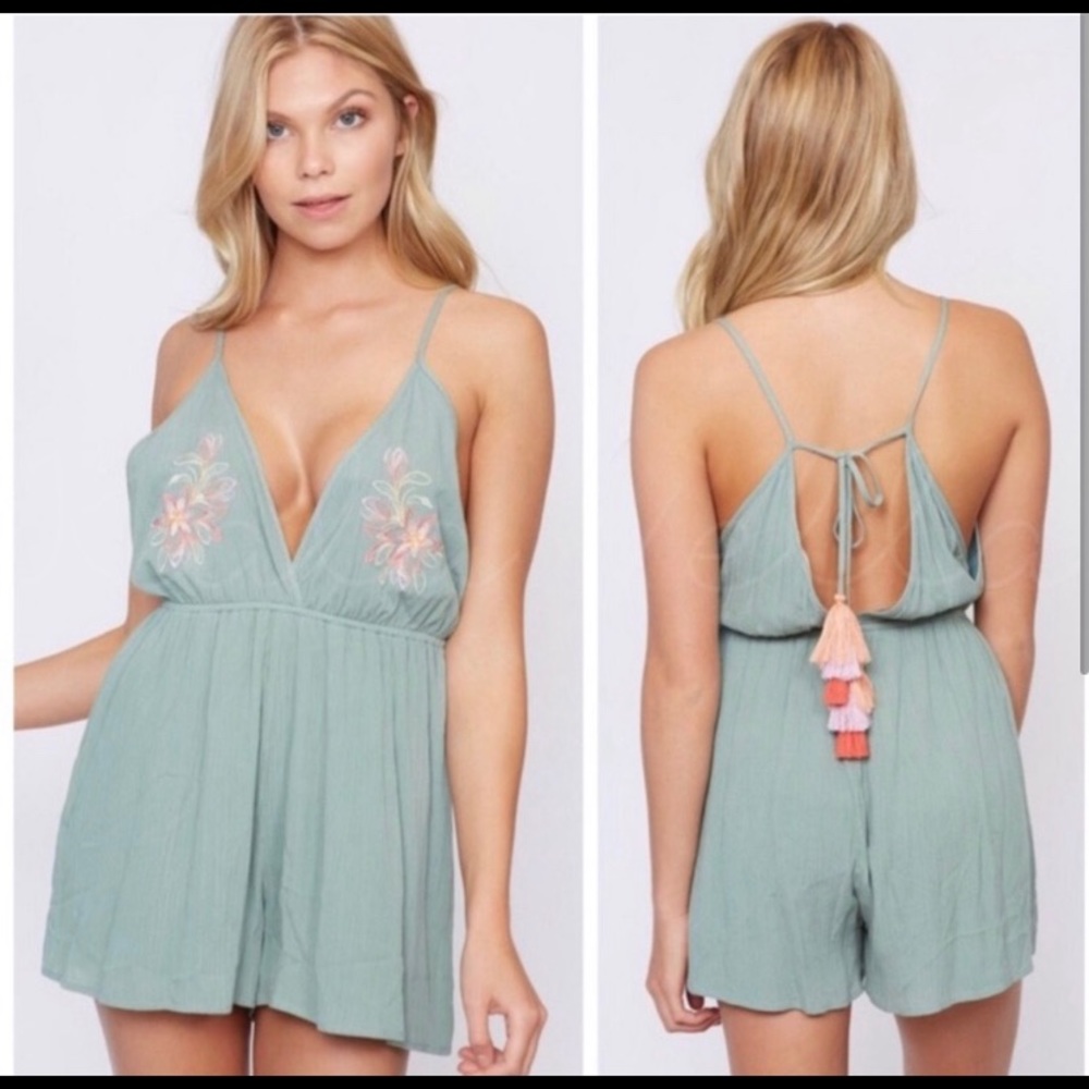 Sage embroidered tassel romper